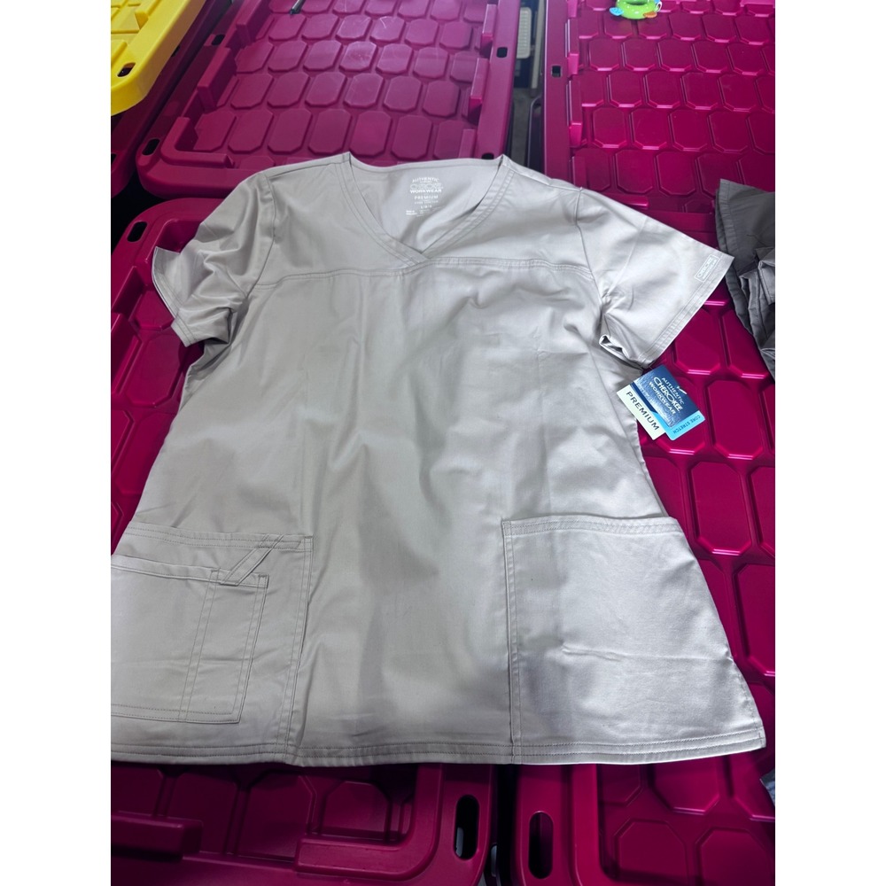 Cherokee Workwear Premium Core Stretch Scrub Top Khaki Tan V-Neck Large NWT